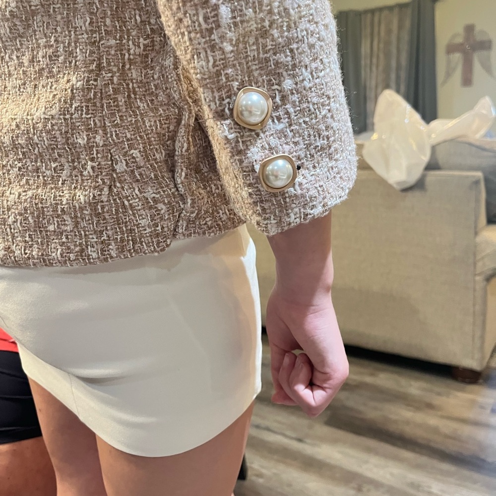 TWEED TAN WHITE HOMECOMING SUIT HAT DRESS GUC ALTERED PEARL BUTTONS WOOL HAT SM - Picture 7 of 12